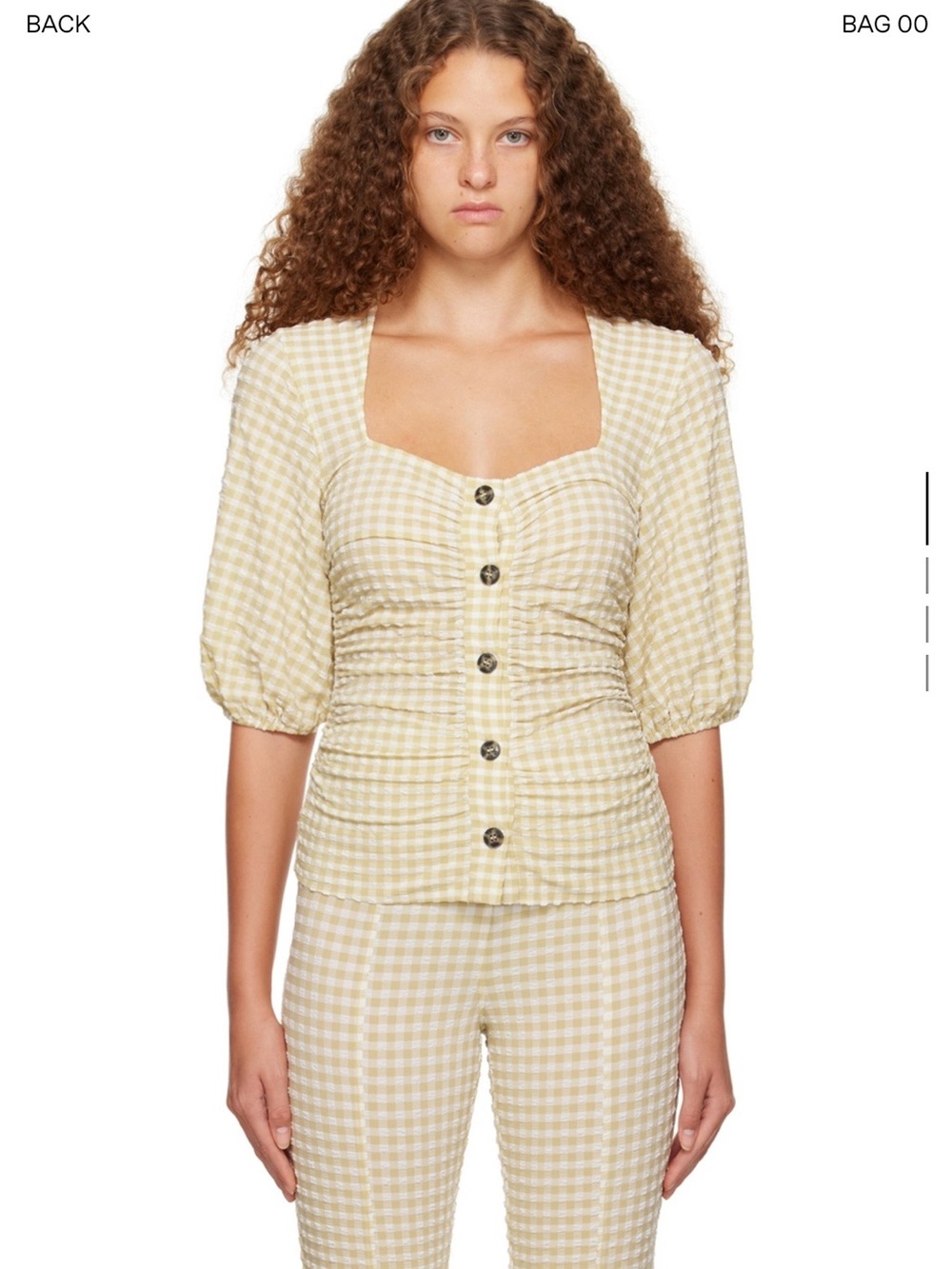 Ganni Stretch Seersucker Beige Gathered Blouse
